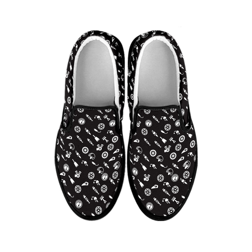 Motorcycle Parts Pattern Print Black Slip On Shoes