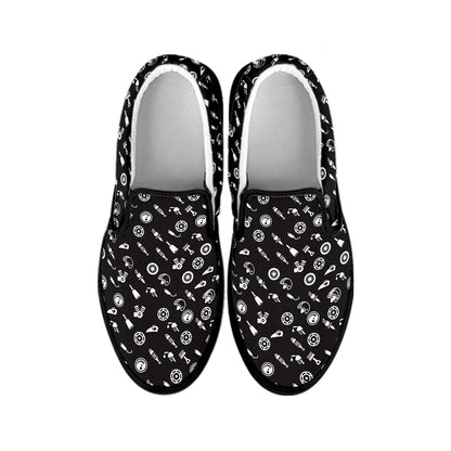 Motorcycle Parts Pattern Print Black Slip On Shoes