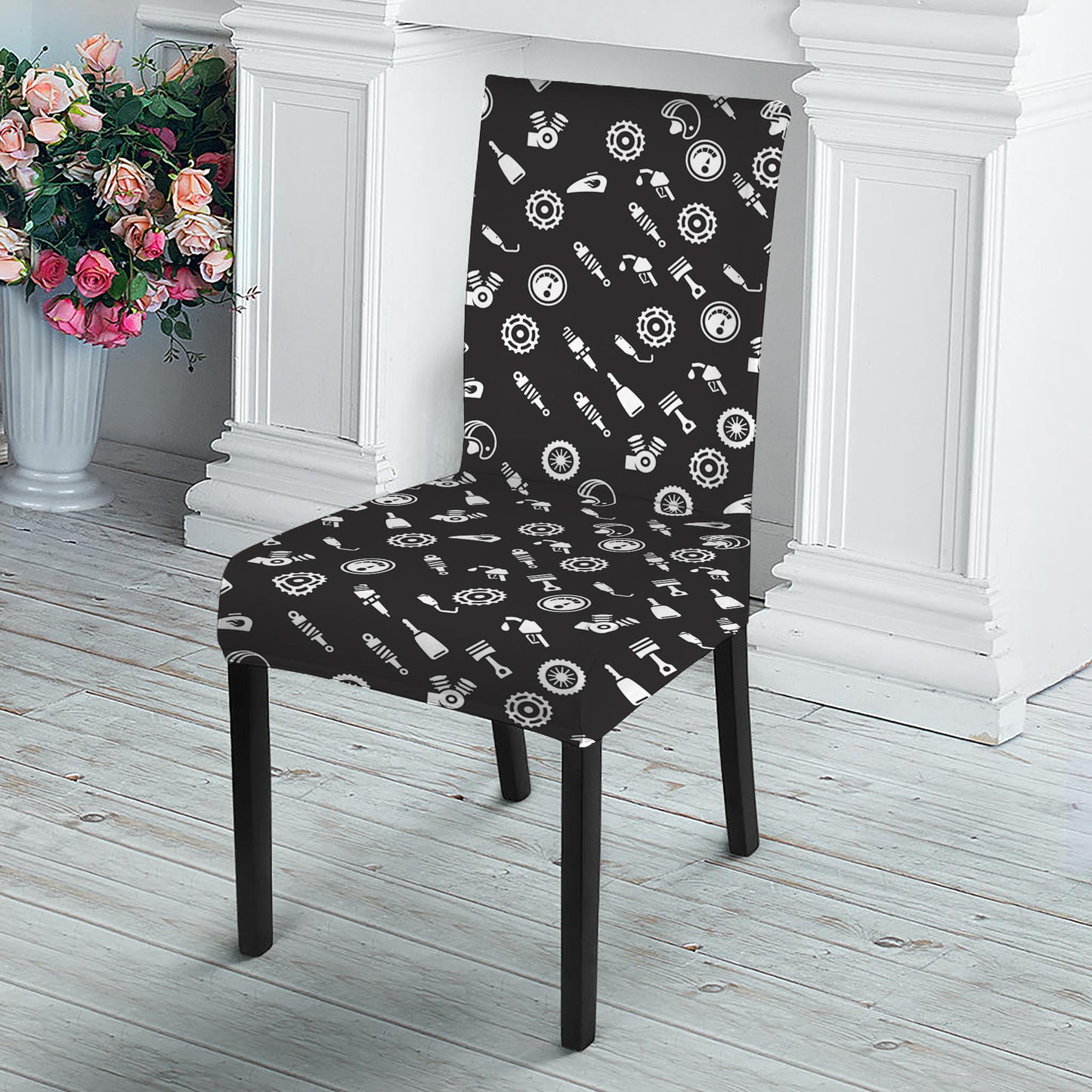 Motorcycle Parts Pattern Print Dining Chair Slipcover