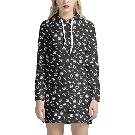 Motorcycle Parts Pattern Print Hoodie Dress