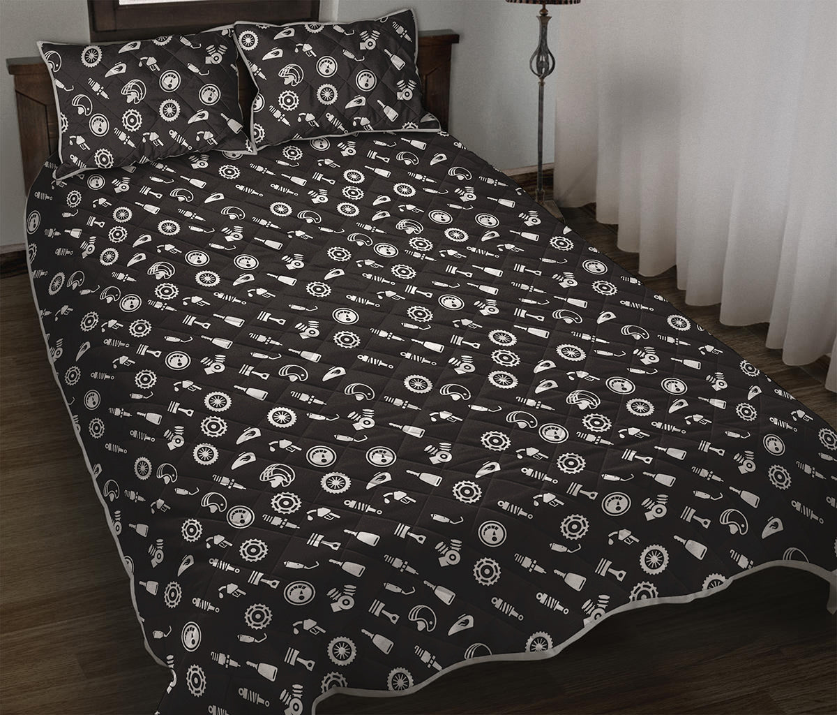 Motorcycle Parts Pattern Print Quilt Bed Set