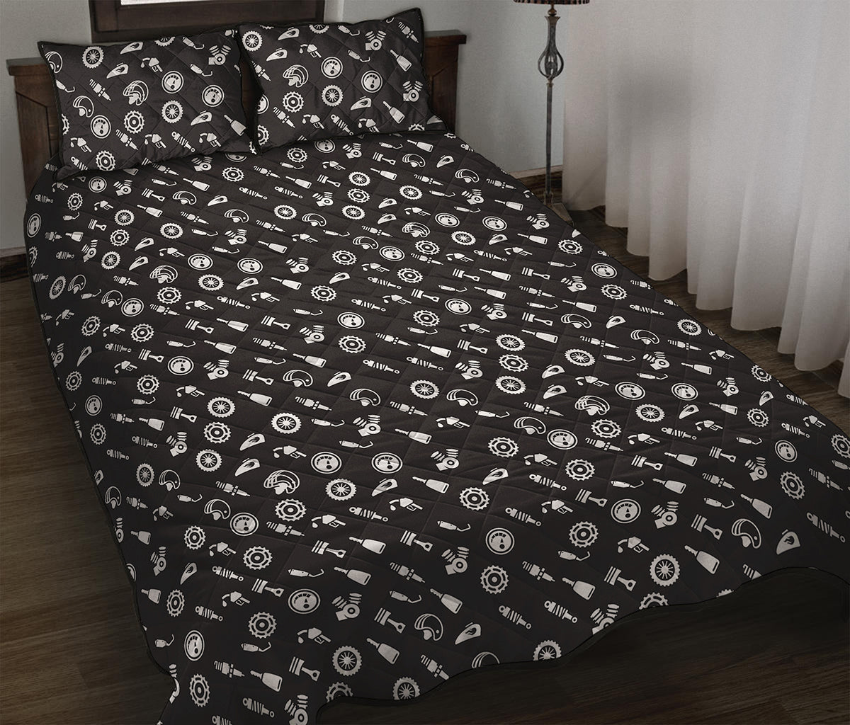 Motorcycle Parts Pattern Print Quilt Bed Set