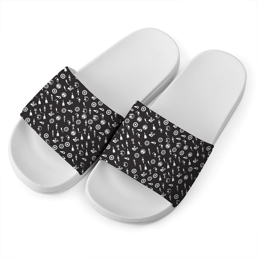 Motorcycle Parts Pattern Print White Slide Sandals