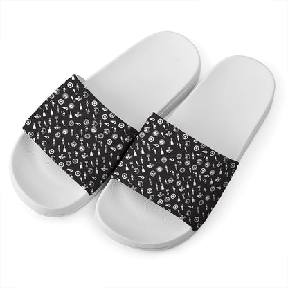 Motorcycle Parts Pattern Print White Slide Sandals