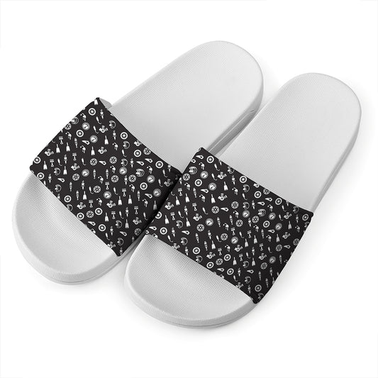 Motorcycle Parts Pattern Print White Slide Sandals