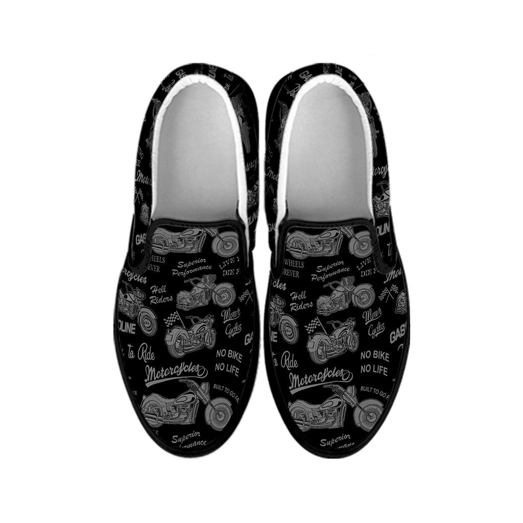 Motorcycle Quote Pattern Print Black Slip On Shoes