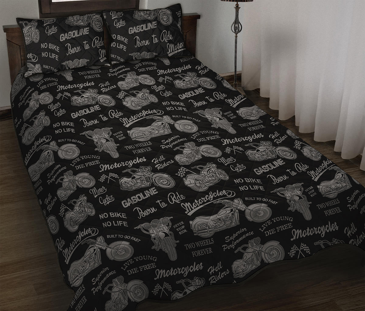 Motorcycle Quote Pattern Print Quilt Bed Set