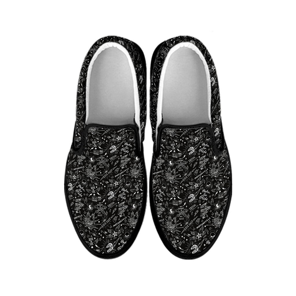 Motorcycle Words Pattern Print Black Slip On Shoes