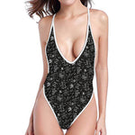 Motorcycle Words Pattern Print One Piece High Cut Swimsuit