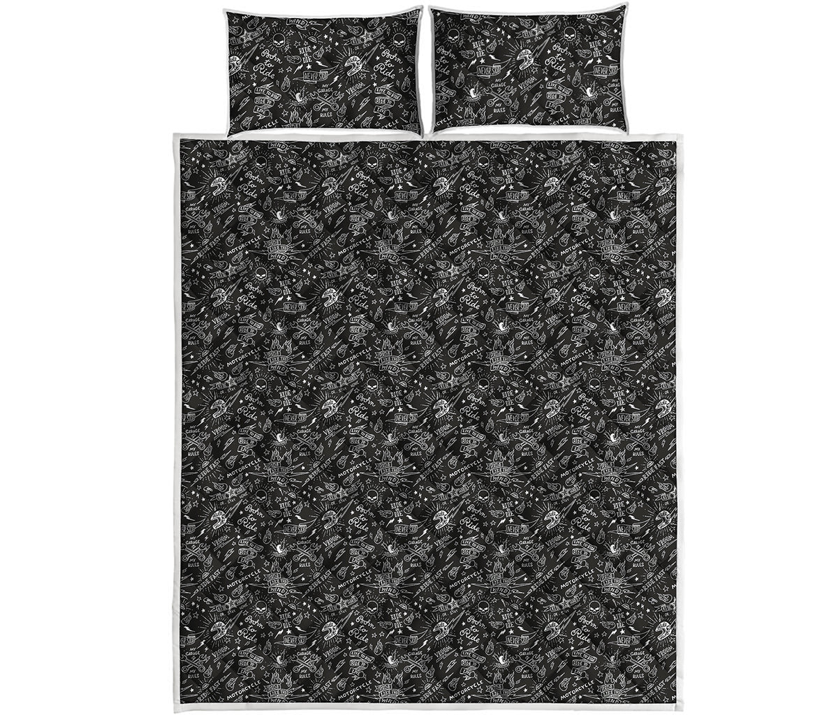 Motorcycle Words Pattern Print Quilt Bed Set