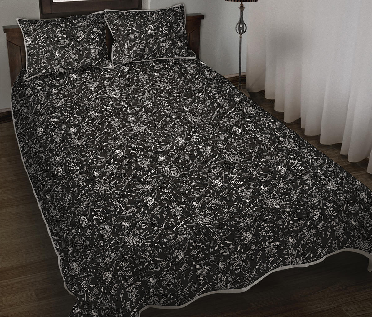 Motorcycle Words Pattern Print Quilt Bed Set