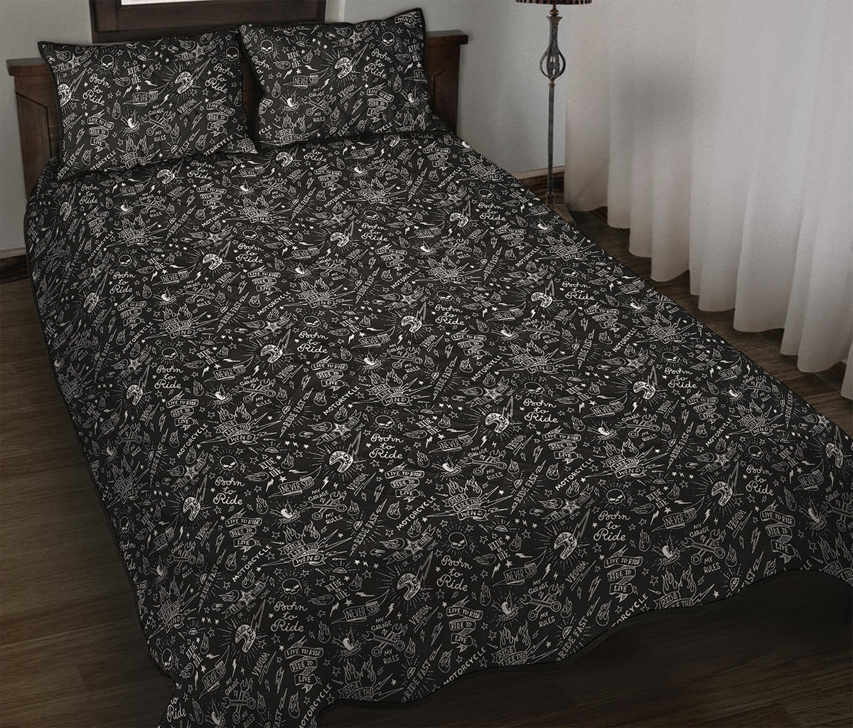 Motorcycle Words Pattern Print Quilt Bed Set