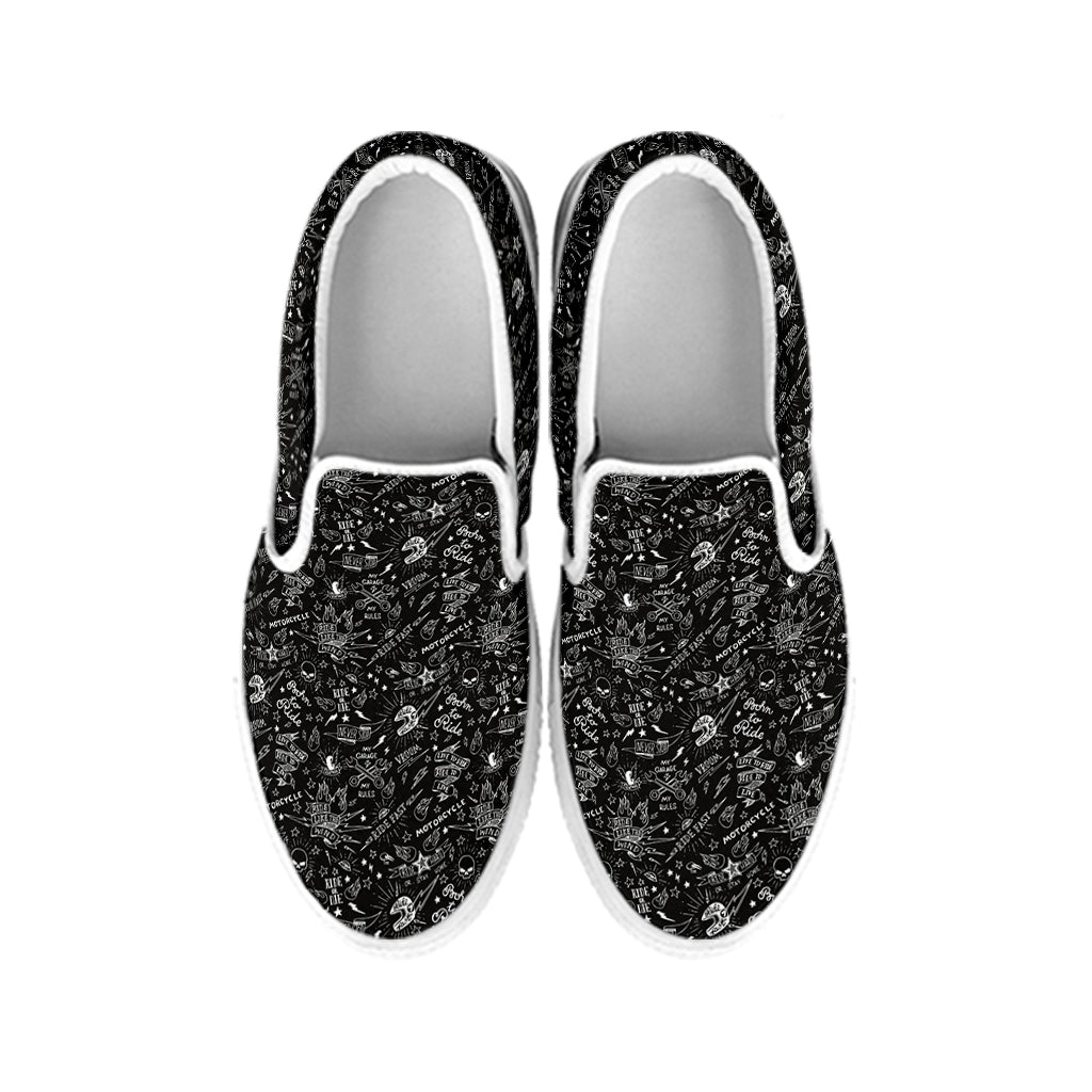 Motorcycle Words Pattern Print White Slip On Shoes