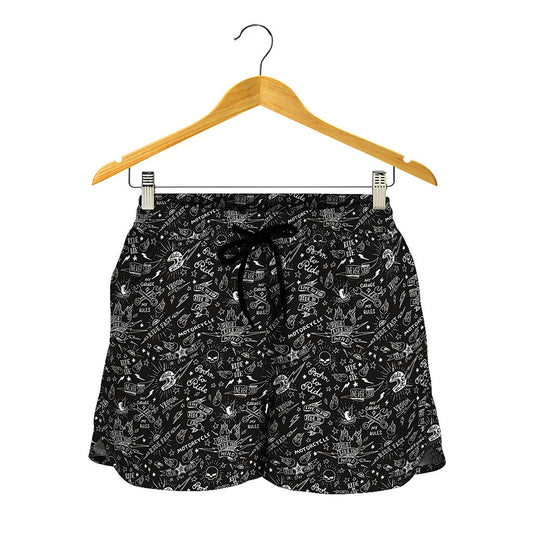 Motorcycle Words Pattern Print Women's Shorts