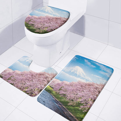 Mount Fuji And Cherry Blossom Print 3 Piece Bath Mat Set
