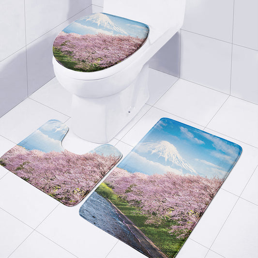 Mount Fuji And Cherry Blossom Print 3 Piece Bath Mat Set