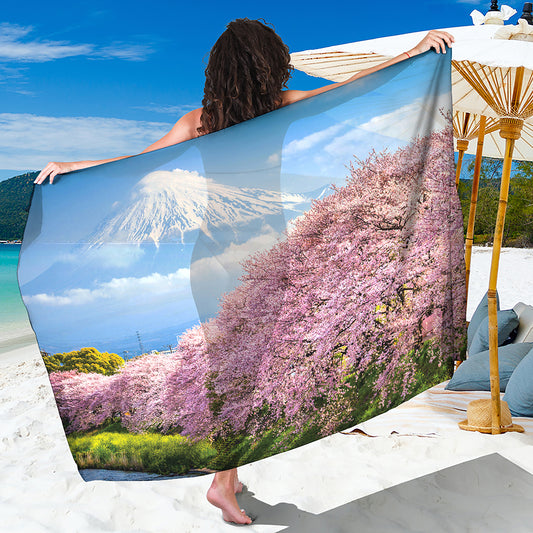 Mount Fuji And Cherry Blossom Print Beach Sarong Wrap