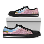 Mount Fuji And Cherry Blossom Print Black Low Top Shoes
