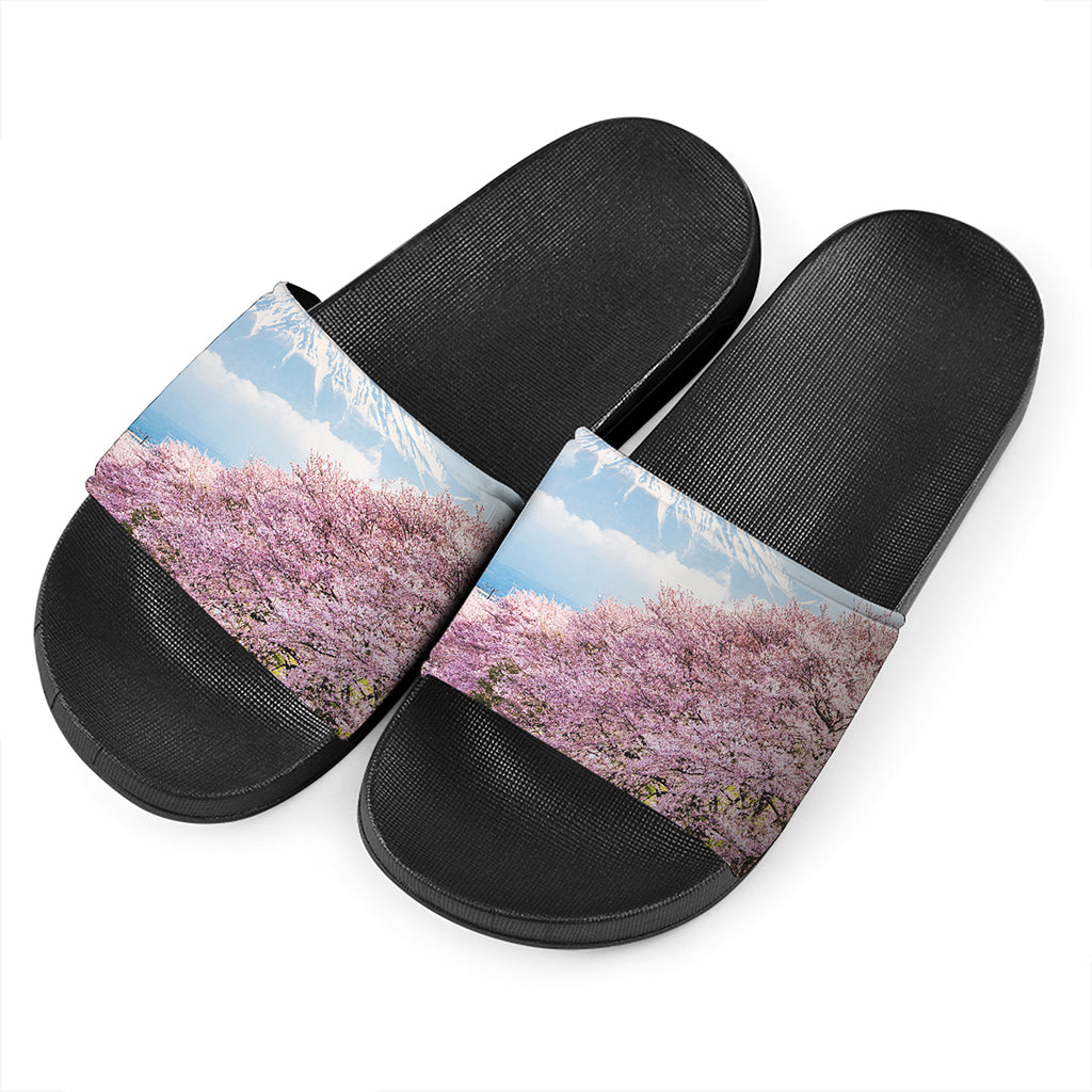 Mount Fuji And Cherry Blossom Print Black Slide Sandals