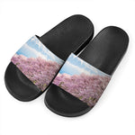 Mount Fuji And Cherry Blossom Print Black Slide Sandals