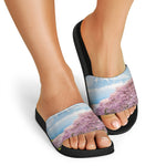 Mount Fuji And Cherry Blossom Print Black Slide Sandals