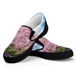Mount Fuji And Cherry Blossom Print Black Slip On Shoes