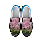 Mount Fuji And Cherry Blossom Print Black Slip On Shoes