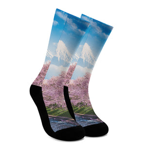 Mount Fuji And Cherry Blossom Print Crew Socks