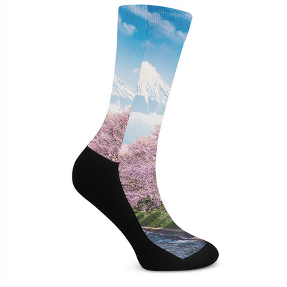 Mount Fuji And Cherry Blossom Print Crew Socks
