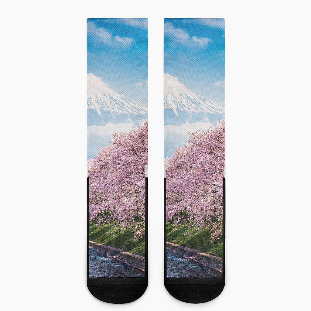Mount Fuji And Cherry Blossom Print Crew Socks
