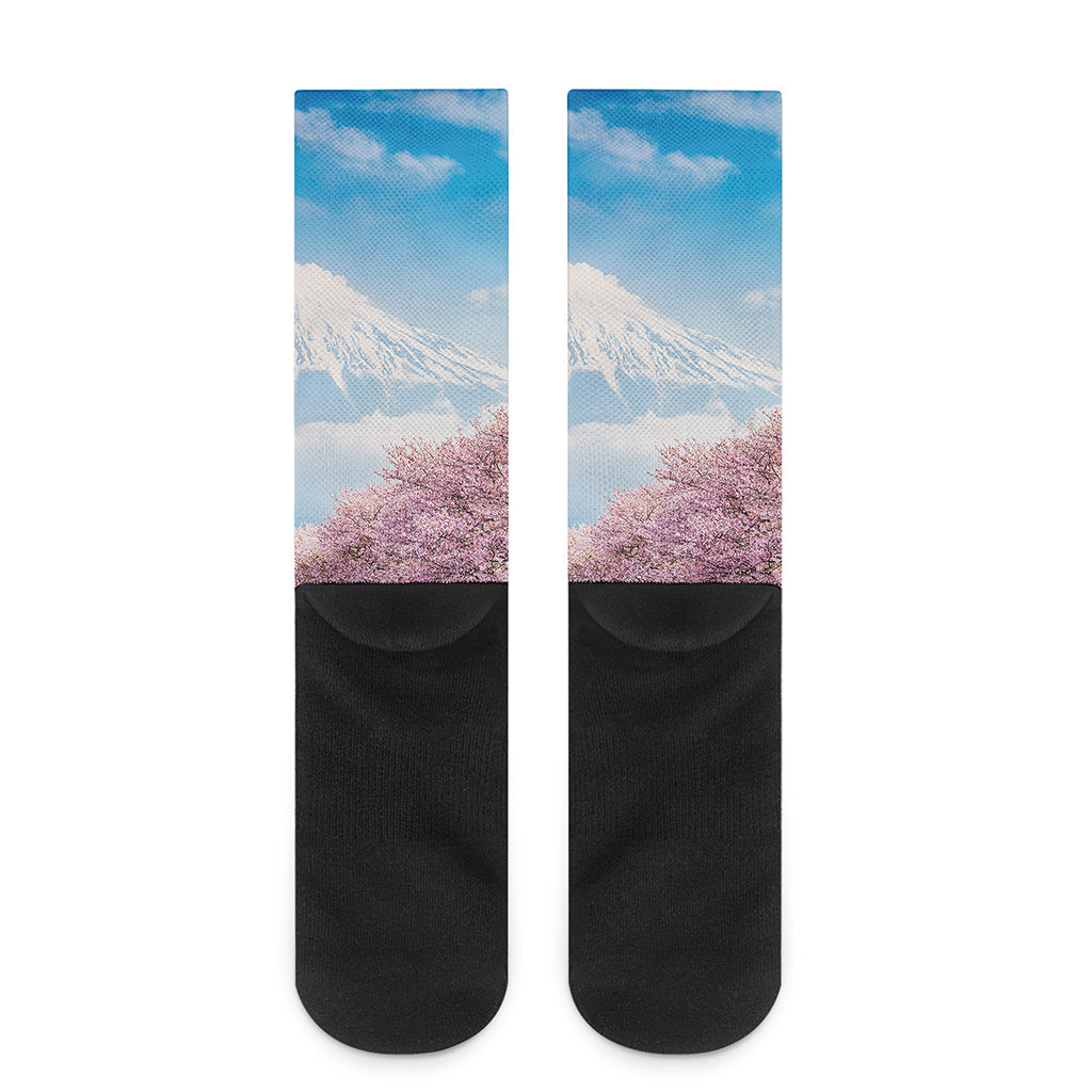 Mount Fuji And Cherry Blossom Print Crew Socks