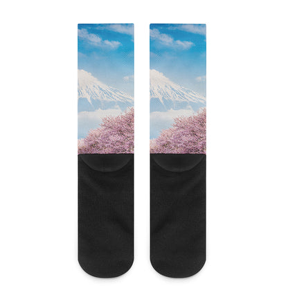 Mount Fuji And Cherry Blossom Print Crew Socks