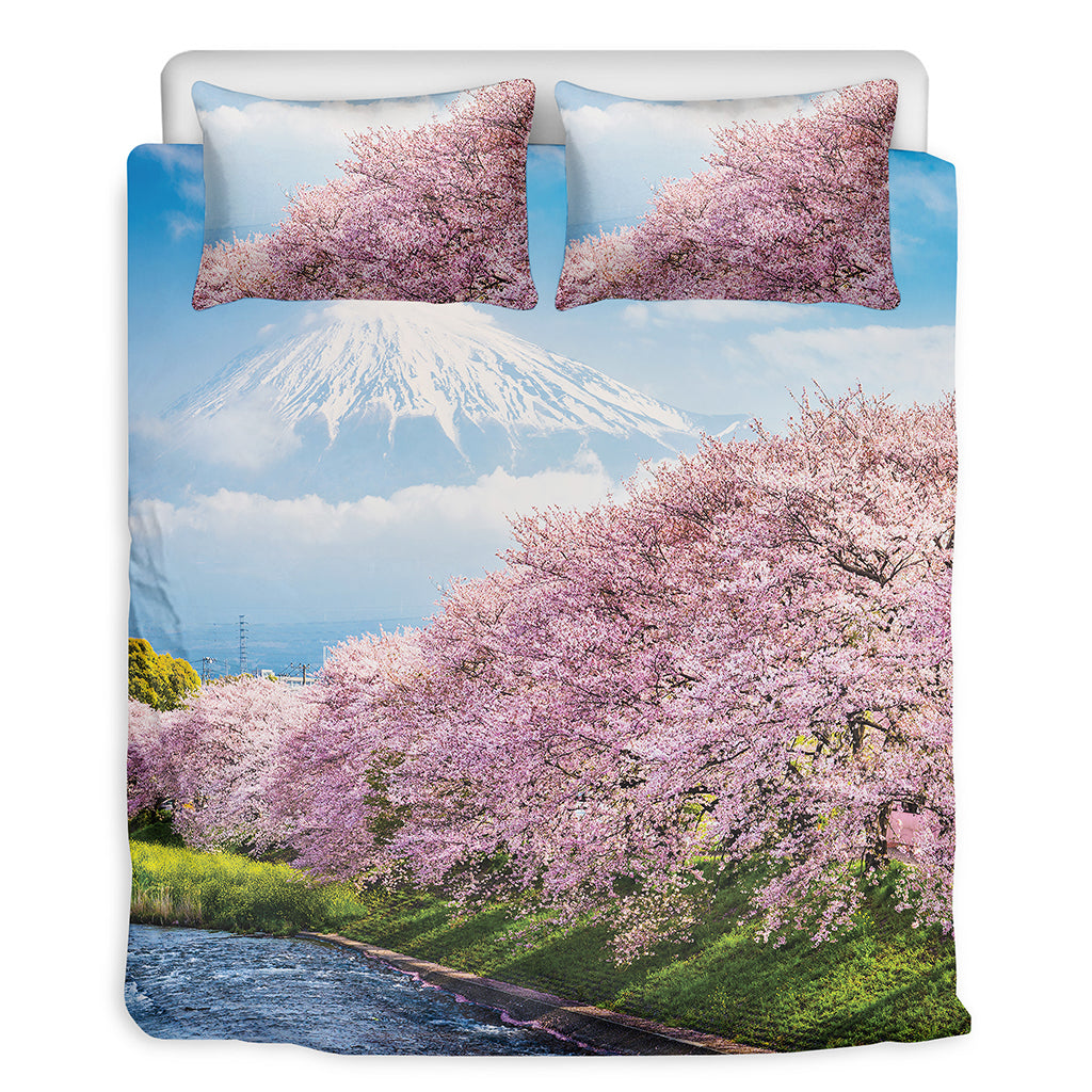 Mount Fuji And Cherry Blossom Print Duvet Cover Bedding Set