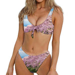 Mount Fuji And Cherry Blossom Print Front Bow Tie Bikini