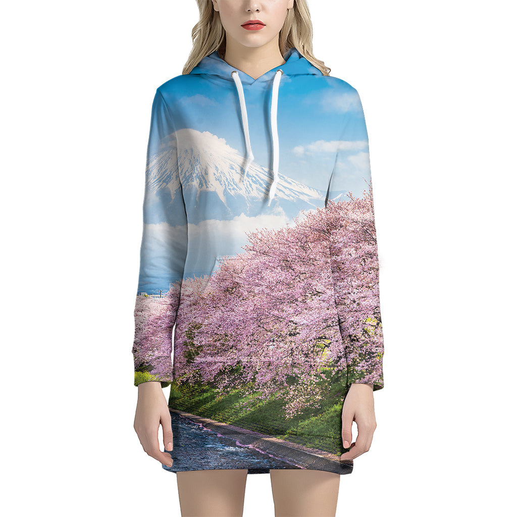 Mount Fuji And Cherry Blossom Print Hoodie Dress