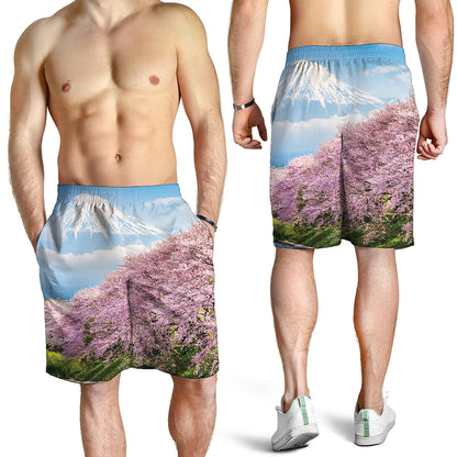 Mount Fuji And Cherry Blossom Print Men's Shorts
