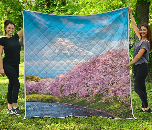 Mount Fuji And Cherry Blossom Print Quilt