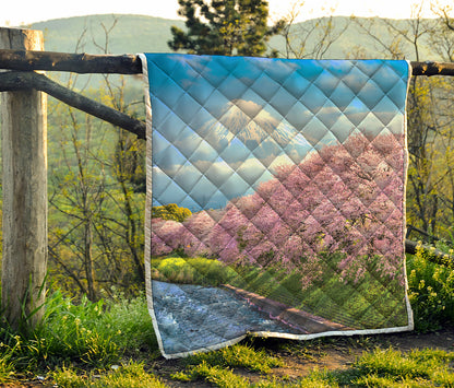 Mount Fuji And Cherry Blossom Print Quilt