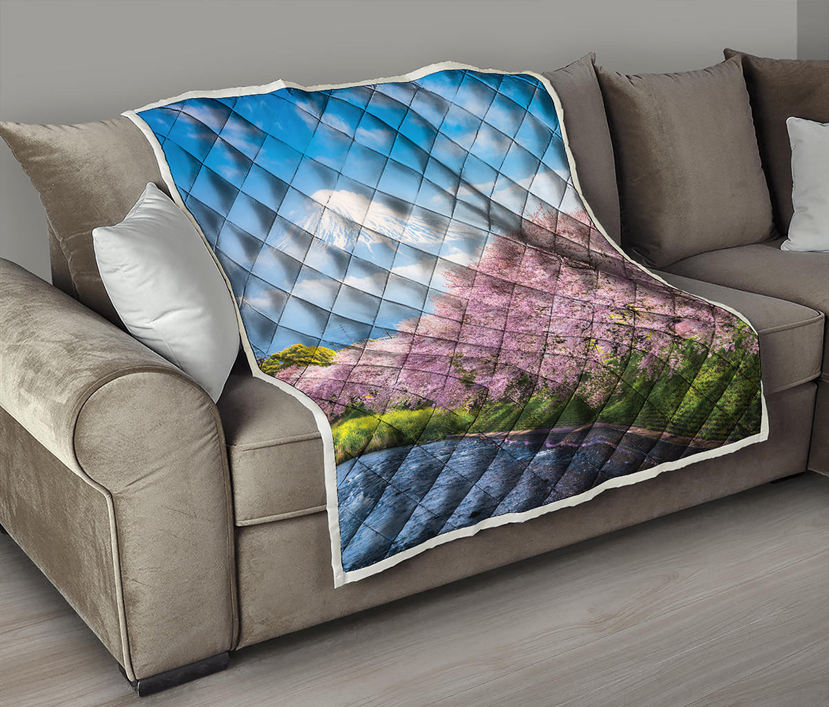 Mount Fuji And Cherry Blossom Print Quilt