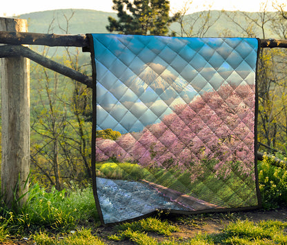 Mount Fuji And Cherry Blossom Print Quilt