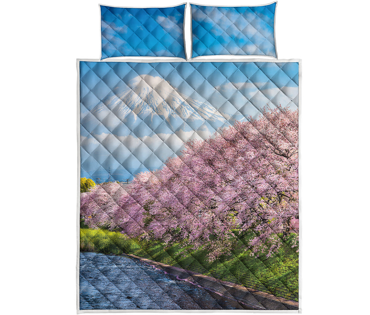 Mount Fuji And Cherry Blossom Print Quilt Bed Set