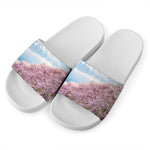 Mount Fuji And Cherry Blossom Print White Slide Sandals