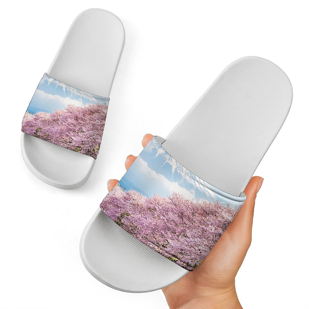 Mount Fuji And Cherry Blossom Print White Slide Sandals