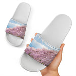 Mount Fuji And Cherry Blossom Print White Slide Sandals