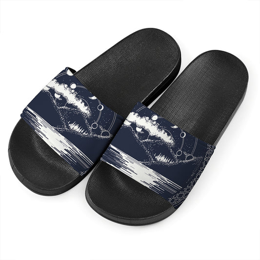 Mystical Lunar Phase Print Black Slide Sandals