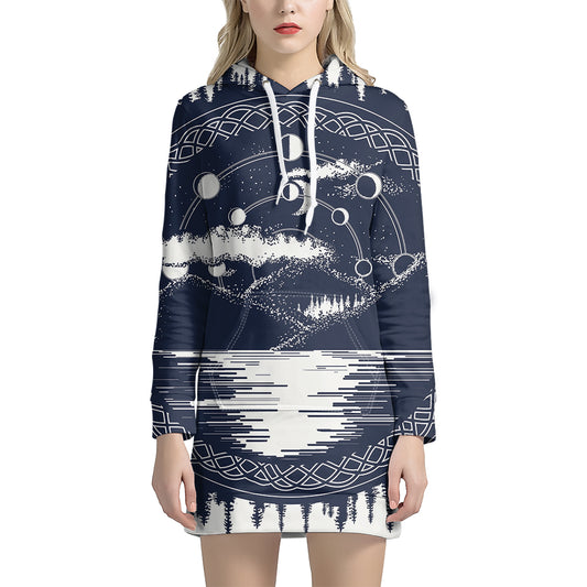 Mystical Lunar Phase Print Pullover Hoodie Dress