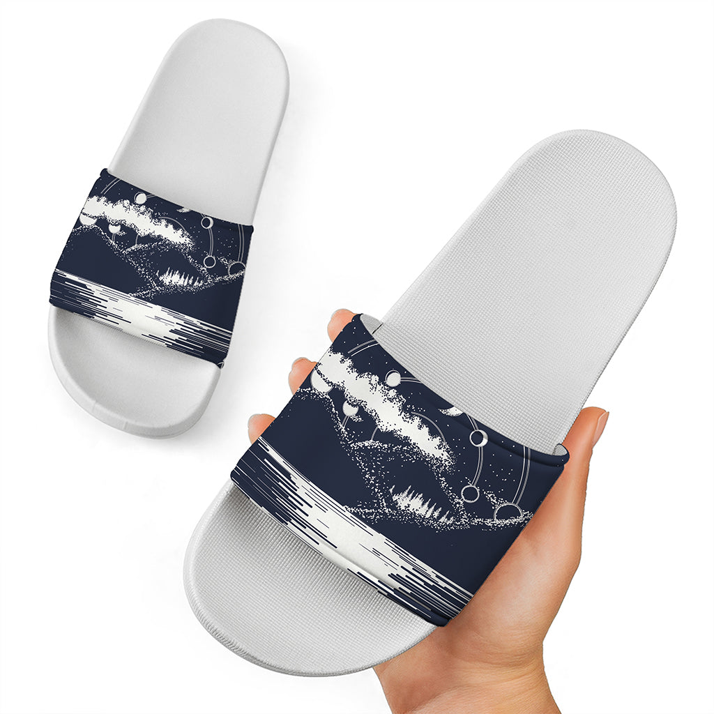 Mystical Lunar Phase Print White Slide Sandals