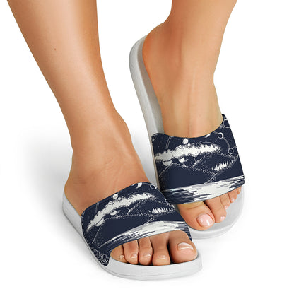Mystical Lunar Phase Print White Slide Sandals