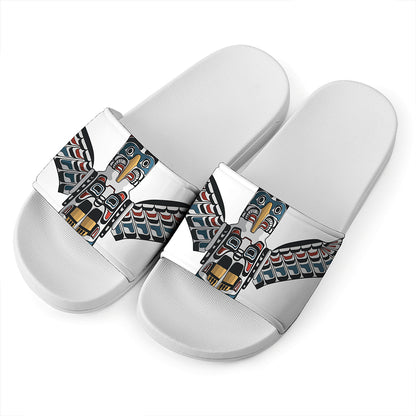 Native American Eagle Totem Print White Slide Sandals