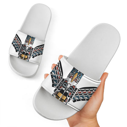 Native American Eagle Totem Print White Slide Sandals